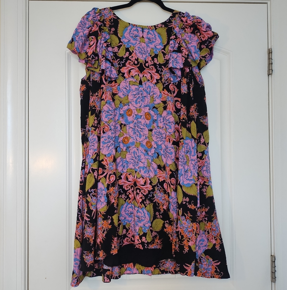 Free People Yara Black Floral Short Sleeve Mini Dress Twilight Combo Medium